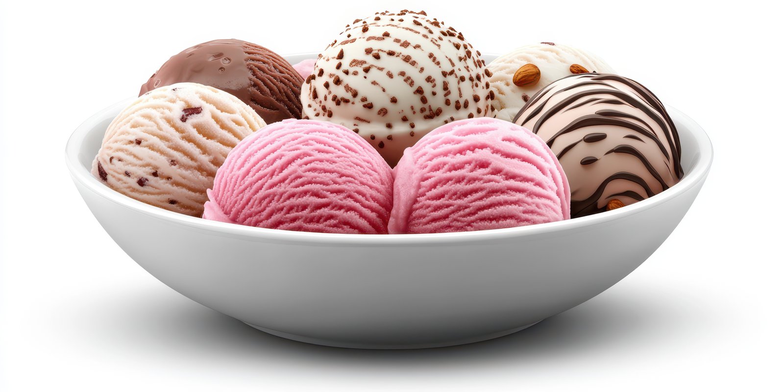 Colorful bowl of assorted ice cream scoops displayed beautifully on a white background